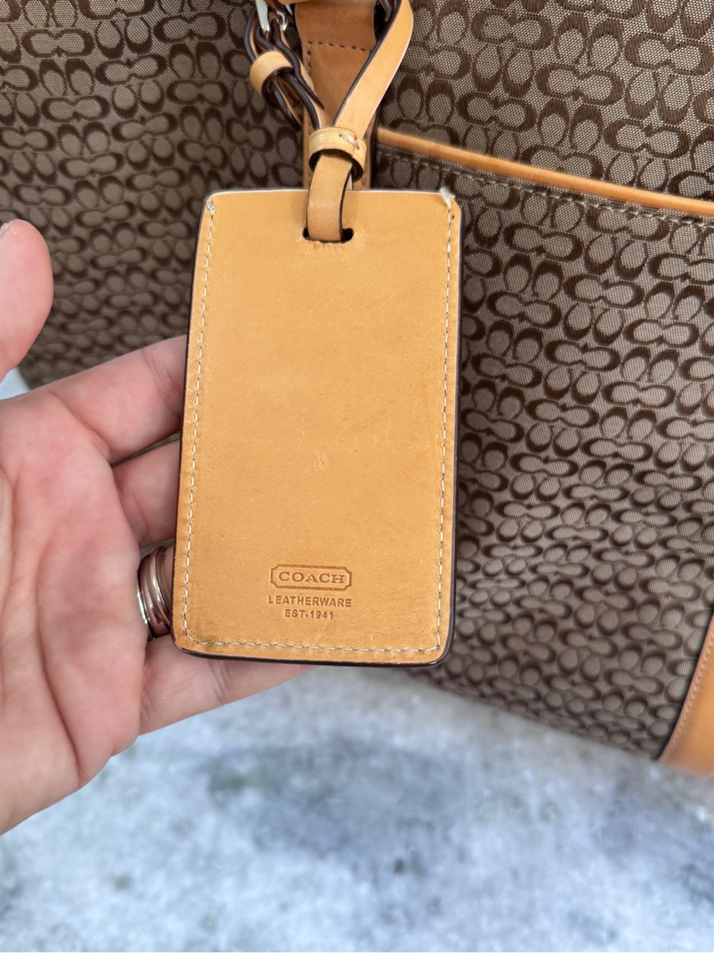 Coach Brown Signature weekend Tote with Tan Trim and Leather Straps - Picture 4 of 7